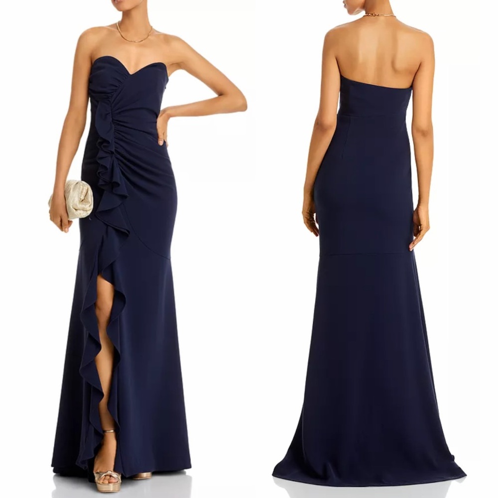 Cinq à Sept Hyde Crepe Ruffled Strapless Sweetheart Evening Maxi Gown Navy Blue